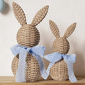 Satmonnus Rattan Effect Resin Bunnies with Light Blue Bow 2-Pcs Large & Small, Easter Decorations Bunny Figurines Set, Farmhouse Spring Table Centerpiece Decor for Home Wedding Gift