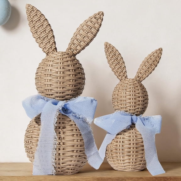 Satmonnus Rattan Effect Resin Bunnies with Light Blue Bow 2-Pcs Large & Small, Easter Decorations Bunny Figurines Set, Farmhouse Spring Table Centerpiece Decor for Home Wedding Gift