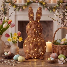 WEIH Wicker Easter Bunny Light Up Easter Rattan Bunny Decorations, 13.8 Inch Woven Rabbit Tabletop Centerpiece with Light, Rabbit Ornament for Mantel Fireplace Easter Home Tiered Tray Decor