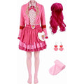 Women's Magical Pink Princess Halloween Cosplay Costume, Pink Heart Printed Suit Dress Full Outfit Set with Wig and Bag for Halloween Party Dress