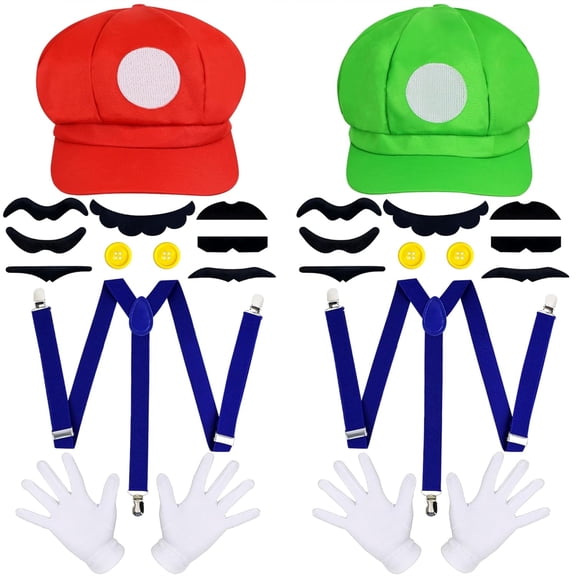 Satmonnus Super Bros Costume, Super Bros Hat Mustache Gloves Suspenders Buttons Sets for Halloween Cosplay