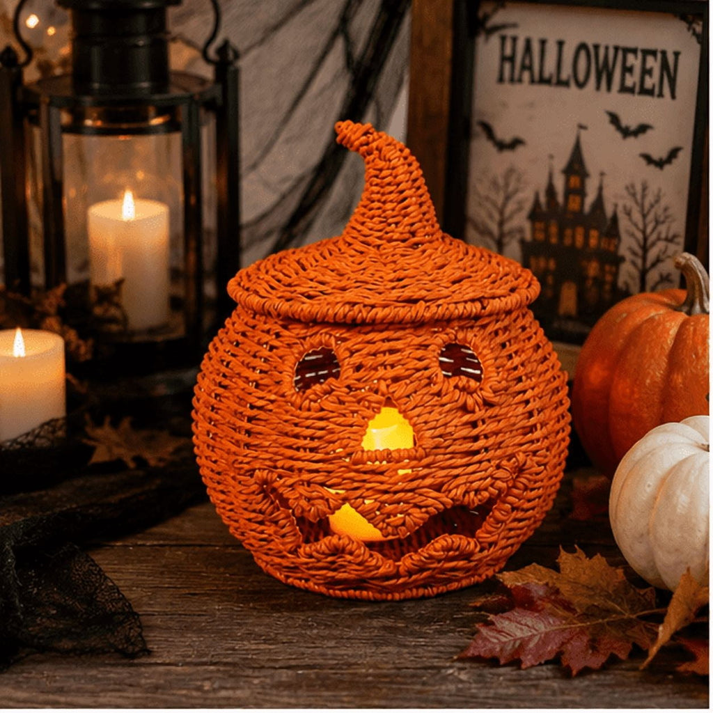 Handwoven Wicker Pumpkin Jack-O'-Lantern Style A-3