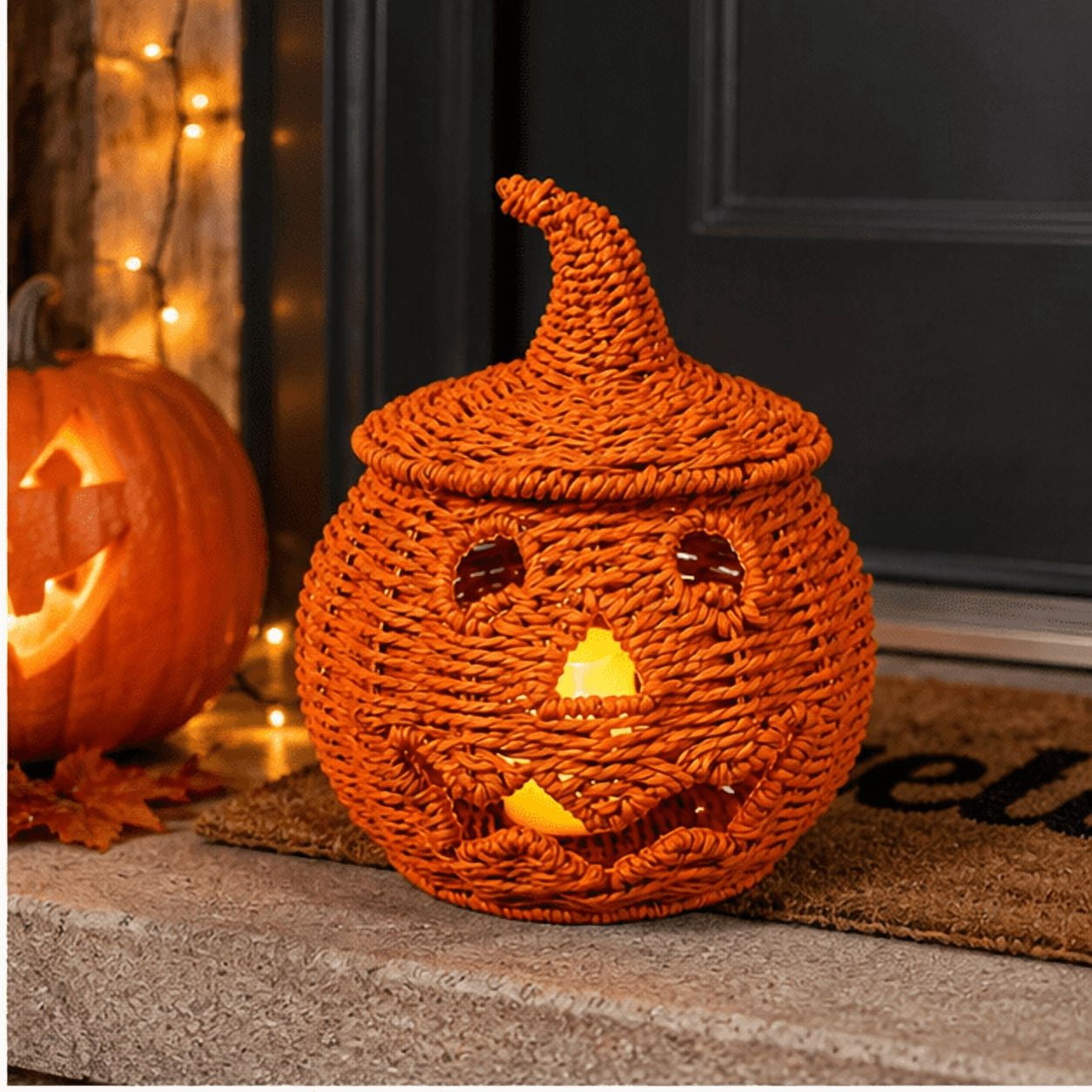 Handwoven Wicker Pumpkin Jack-O'-Lantern Style A-4