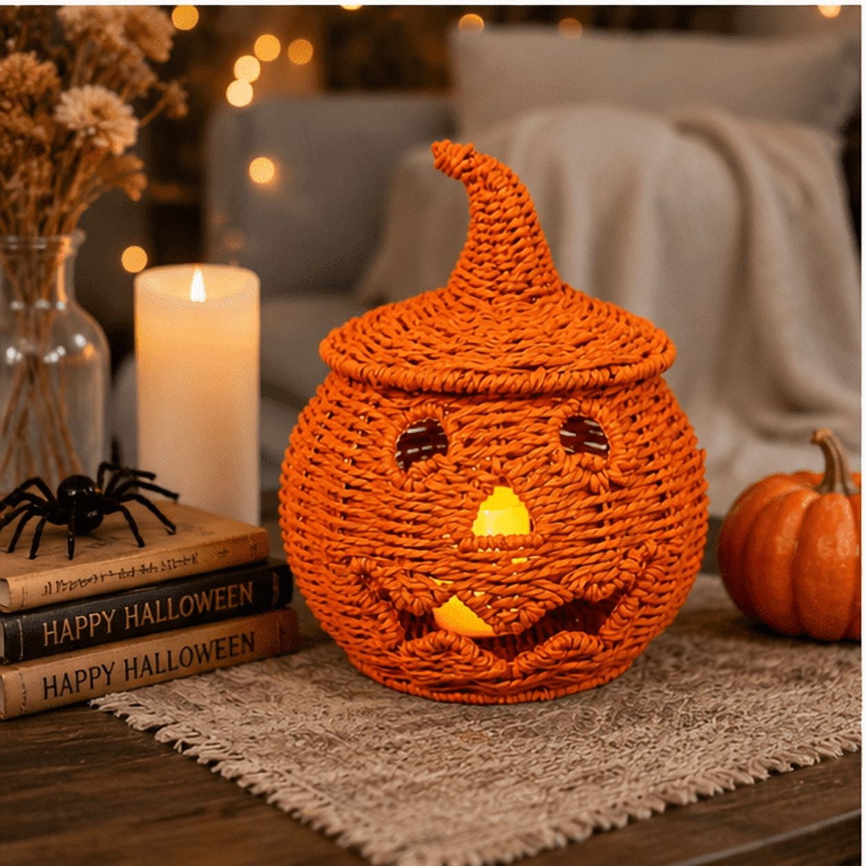 Handwoven Wicker Pumpkin Jack-O'-Lantern Style A-5