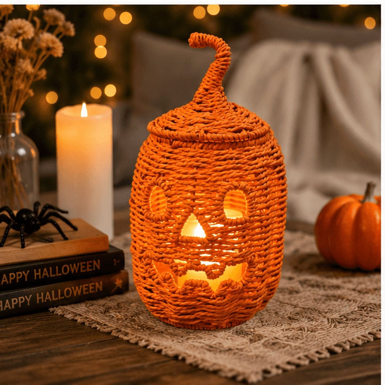 Handwoven Wicker Pumpkin Jack-O'-Lantern Style B-5